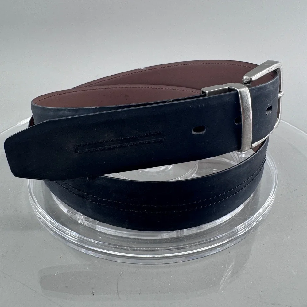 Timberland Mens Size 40 Reversible Leather Belt Matte Black Silver Buckle Casual